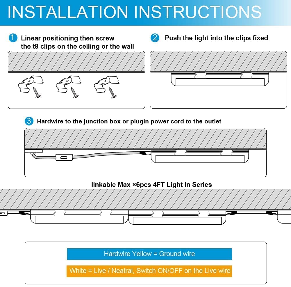 LED Shop Light, 4FT 50W 6500LM 5000K, Daylight White, V Shape 4 Row, Clear  Cover, Hight Output, Linkable Shop Lights, T8 LED Tube Lights, LED Shop